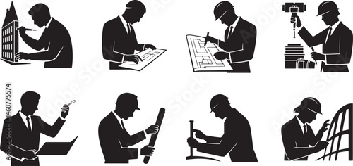 Architect engineer building construction blueprint and building process vector silhouettes
