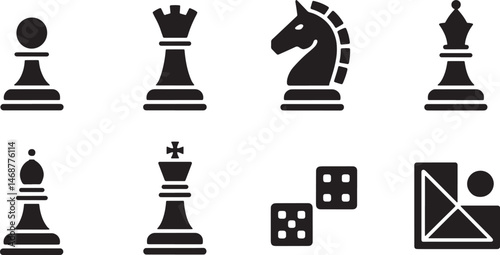 Black and white chess pieces and game related symbols with minimalist style