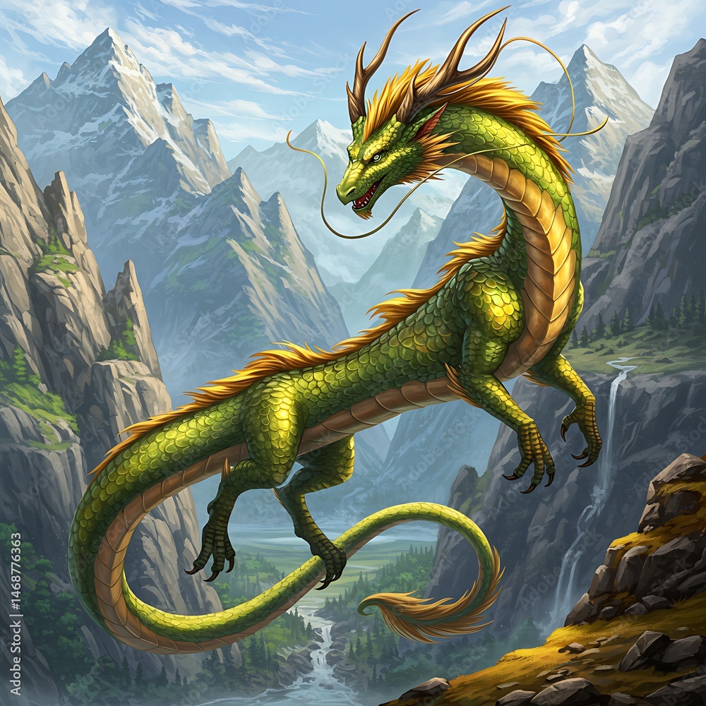 Obraz premium Green dragon fantasy mythical creature mountain landscape art illustration digital drawing artwork scenic view