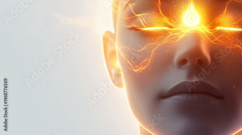 Obraz na płótnie Soulful Awakening Through the Journey of Spirituality, A serene figure with closed eyes, radiating light and energy from the forehead, symbolizing tranquility and mindfulness. w salonie