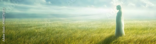 Obraz na płótnie Soulful Awakening Through the Journey of Spirituality, A serene figure stands in a vast field, surrounded by soft light and gentle breezes. w salonie