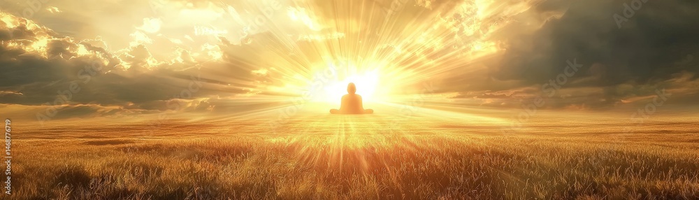 Soulful Awakening Through the Journey of Spirituality, A serene figure meditating amid golden rays of sunlight in a vast landscape.