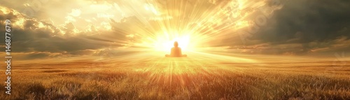 Obraz na płótnie Soulful Awakening Through the Journey of Spirituality, A serene figure meditating amid golden rays of sunlight in a vast landscape. w salonie
