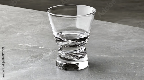 A simple, clear drinking glass placed on a soft gray surface, capturing its smooth and minimal design