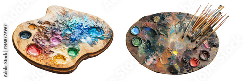 Set of a ,wooden art palette ,isolated on transparent background. 
