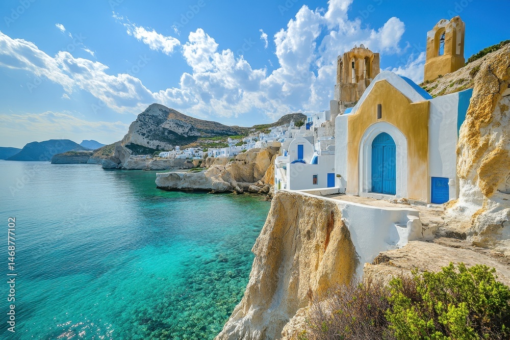 Fototapeta premium Stunning coastal view of Adamas in Milos Island showcasing Greek architecture and vibrant blue waters, Greece island travel landscape Milos island Adamas city
