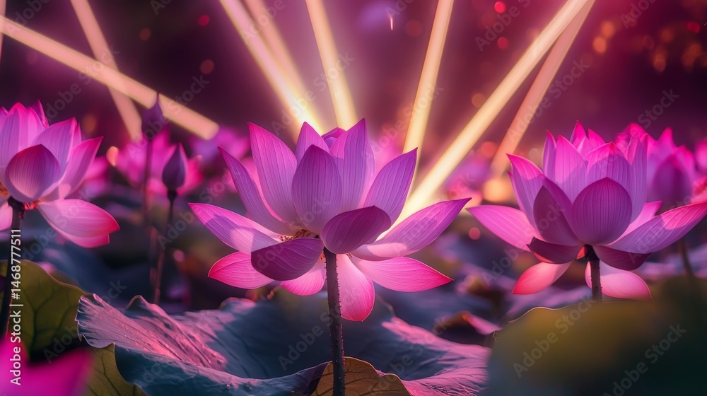 Soulful Awakening Through the Journey of Spirituality, Vibrant pink lotus flowers illuminated by beams of light in a serene setting.