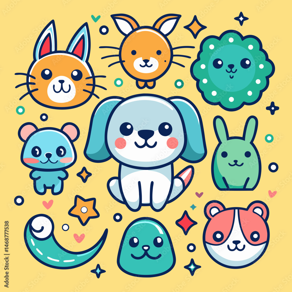 Naklejka premium cute cartoon animals doodle cat dog elephant 