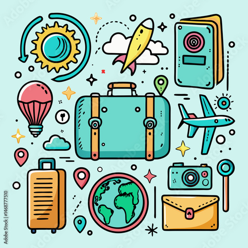 travel doodle icons   suitcase  passport  camera  