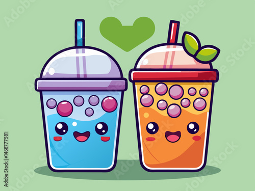 bubble tea cute doodle cups   kawaii faces and top