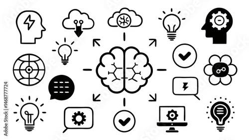 Mind and Brain Concept Line Icon Set - Vector Pictograms Representing Cognitive Functions
