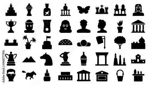 Museum History Icon Set - Vector Glyph Pictograms Depicting Cultural Heritage