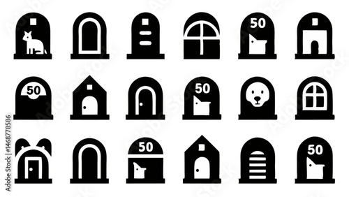 Pet Door Installation Line Icon Set Vector Graphics