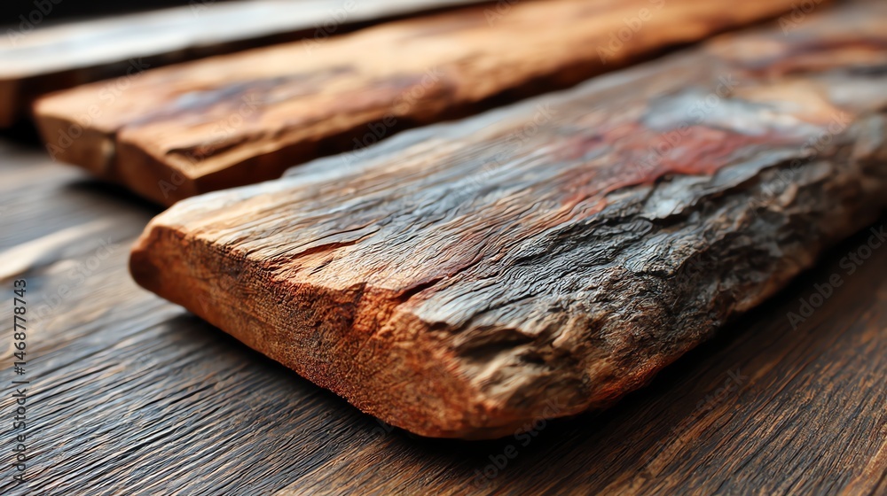Fototapeta premium Rustic cedar wood planks with natural rough bark edges, perfect for organic decor, DIY projects, and textured backgrounds. Unprocessed, raw beauty for rustic designs!