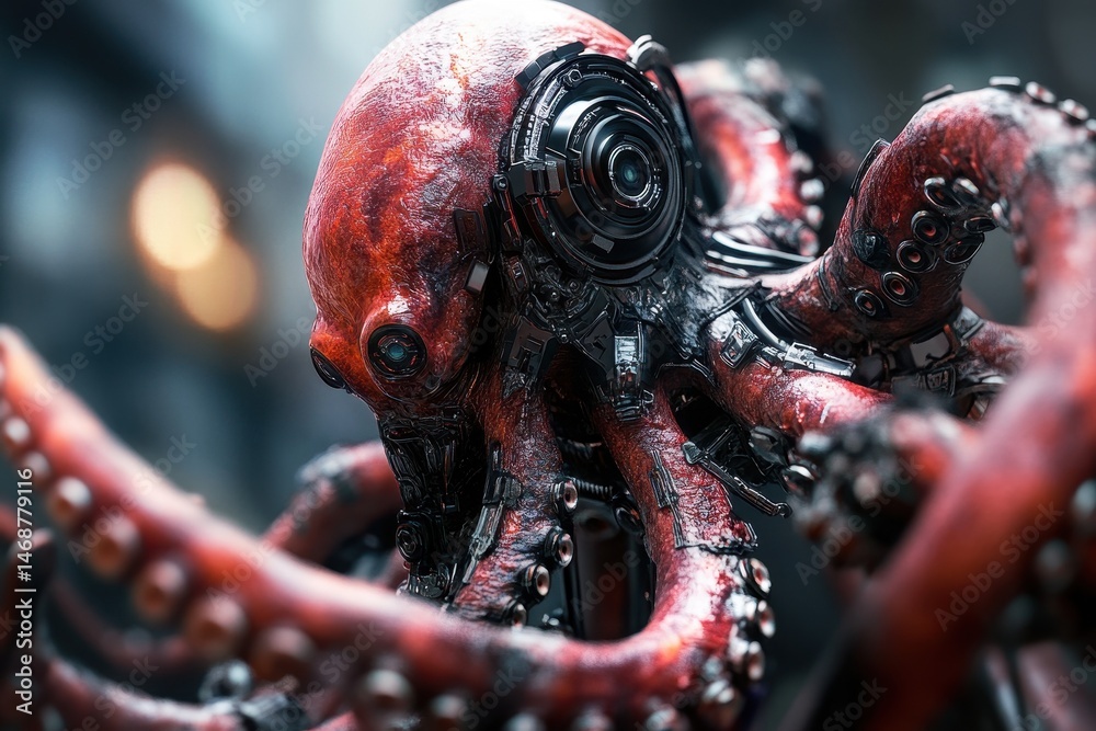 Obraz premium Exploring an alien cyborg octopus with intricate robotic features in a futuristic underwater setting, Alien cyborg octopus twist morph