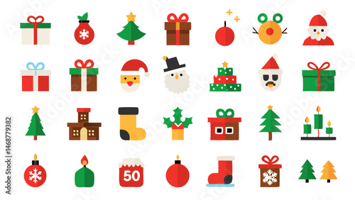 Pixel perfect icon set showcasing an array of Christmas ornaments such as reindeer, sleighs, and snow globes for seasonal graphic design and assets