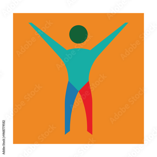 Abstract colorful person with arms raised depicting happiness health and achievement on orange background