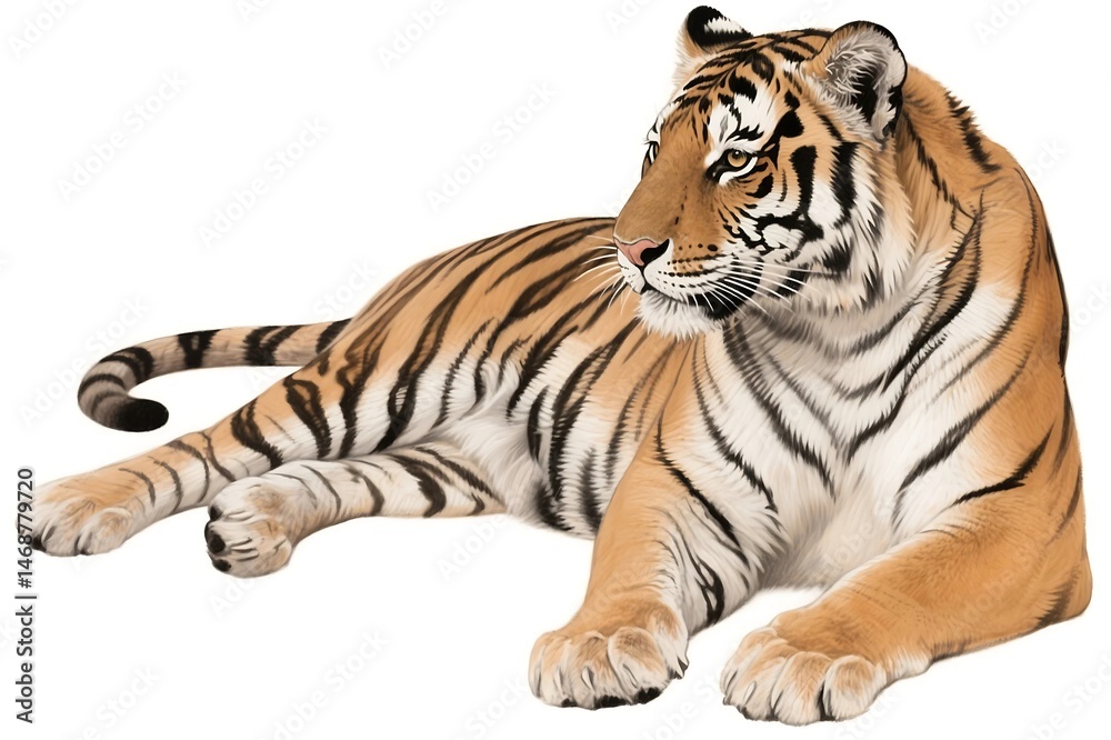 Fototapeta premium Tiger drawing depicting a bengal tiger resting on a clean white background. Suitable for wildlife illustrations, kids books, and educational materials.