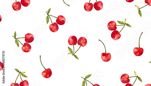 Seamless Watercolor Cherry Pattern on White Background