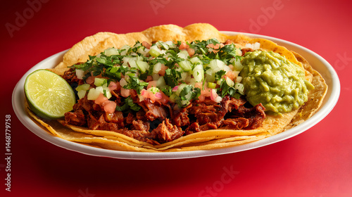 Substantial plate of tacos, showcasing various fillings and toppings. The dish looks appetizing and is presented on a white plate against a bold red background.