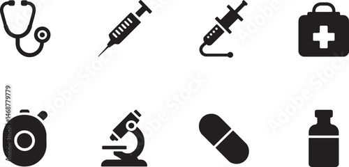 Collection of basic medical icons including stethoscope syringe and first aid kit