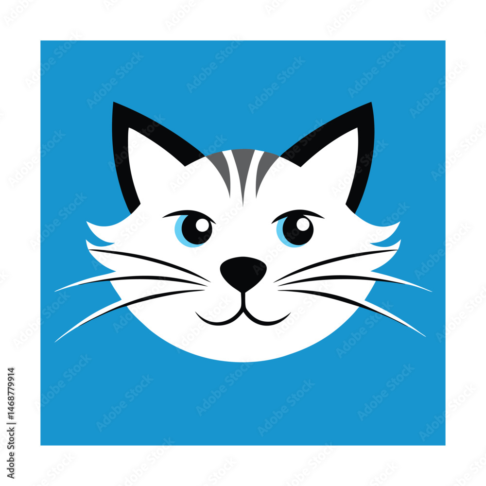 Vector illustration of a friendly white cat face with blue eyes on a blue background Vector illustration of a friendly white cat face with blue eyes on a blue background