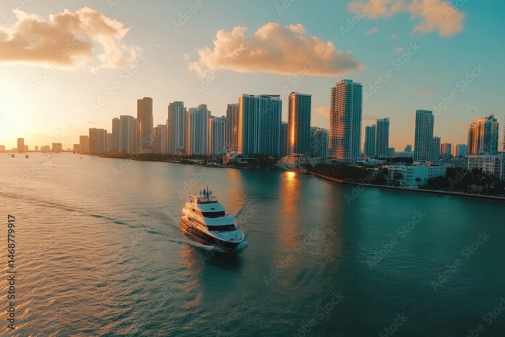 Fototapeta premium Drone view captures sunset over Miami Downtown with yacht cruising in the bay, 4k drone footage over Miami Downtown, travel location