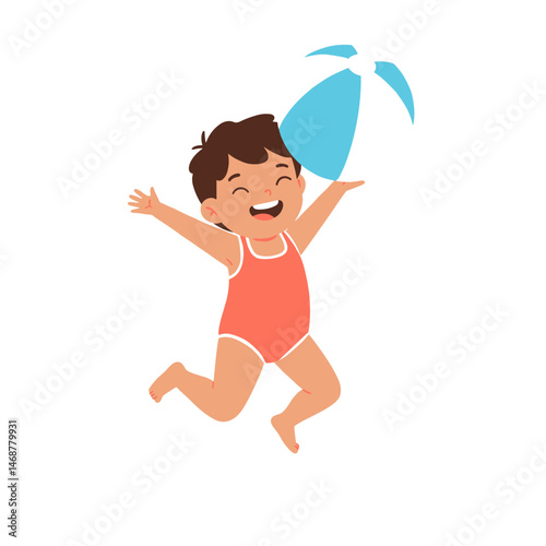 Cheerful child jumping with beach ball, enjoying summer playtime