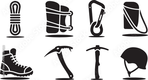 Black icons of climbing equipment for adventure and outdoor activities preparation