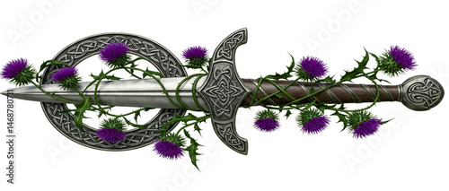 A celtic sword embellished with purple thistles representing scottish heritage and symbolism against white background