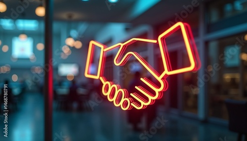 Neon handshake icon representing deal on glass wall in modern setting