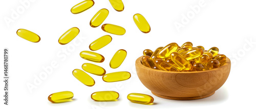 A collection of fish oil capsules in a wooden bowl with some falling on white background