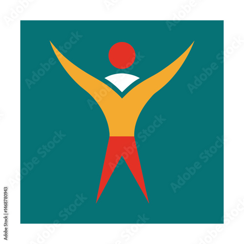 Abstract human figure with arms raised reaching upwards in a colorful geometric style