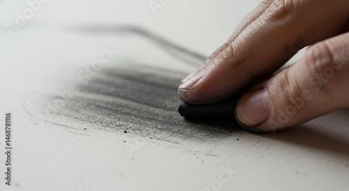 Close-up of a Hand Drawing with Charcoal, Creating Dark Shades and Textures on Paper. The Artist's Fingers Show Traces of Charcoal Dust.