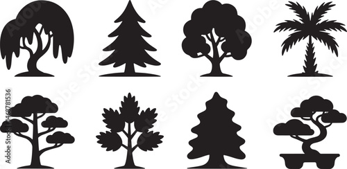 Black tree silhouettes collection featuring various styles of trees for nature and design concepts