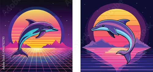 Abstract vector illustration of a tropical beach with a rainbow and sun, featuring ocean, palm trees, and a dolphin silhouette design