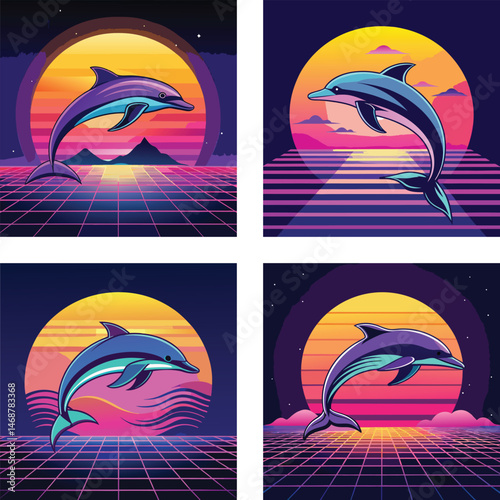 Abstract vector illustration of a tropical beach with a rainbow and sun, featuring ocean, palm trees, and a dolphin silhouette design