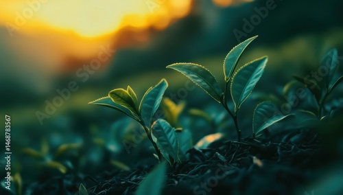 Young tea leaves sprout at sunrise