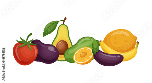 Vibrant Tomato Glossy Eggplant and Sliced Avocado with Leaf Still Life