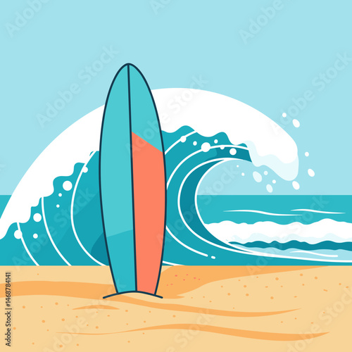 Surfboard standing on sandy beach with crashing wave and ocean backdrop