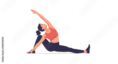 Woman in seated yoga pose with arm raised serene expression