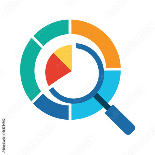 Colorful pie chart symbol combined with magnifying glass representing data analysis