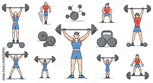 Illustrated weightlifters in various poses lifting barbells and dumbbells