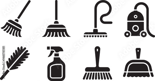 Collection of cleaning tools in monochrome icon style for home and office hygiene