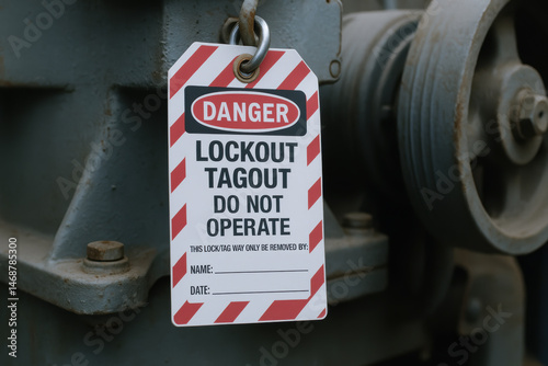 Lockout tagout safety sign hangs on industrial machinery belts to prevent operation and ensure worker protection in hazardous environments