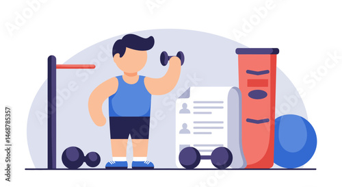 Stylized Athlete Beside PullUp Bar with Dumbbells Ready for Exercise