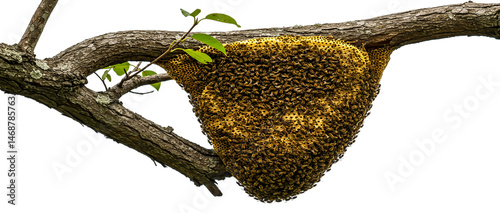Large honeycomb with swarming bees hanging from tree branch natural environment illustration