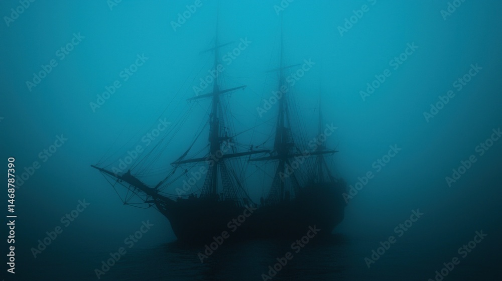 Obraz premium A shadowy sailing ship is floating on misty ocean waters