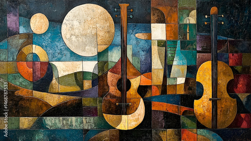 Colorful abstract composition of musical instruments.