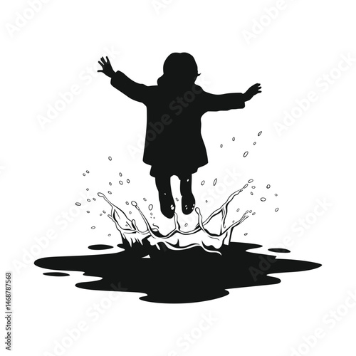 Monochrome silhouette of a child jumping in a puddle
